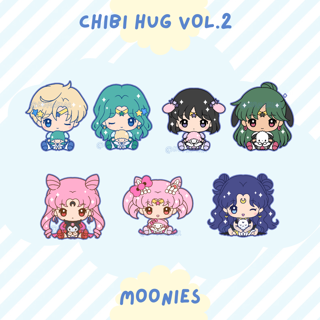 Moonie Series x Sanrio Chibi Hug Enamel Pins – Outer Scouts, Chibiusa, Black Lady & Human Luna
