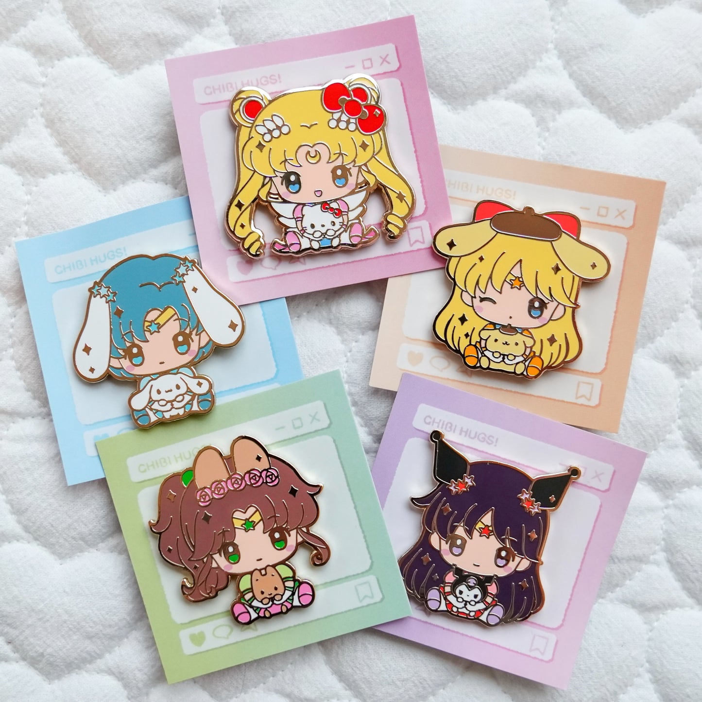 Moonie Series x Sanrio Chibi Hug Enamel Pins – Moon, Inner Scouts & Serenity