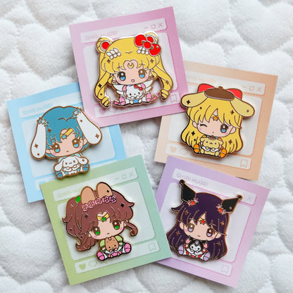 Moonie Series x Sanrio Chibi Hug Enamel Pins – Moon, Inner Scouts & Serenity