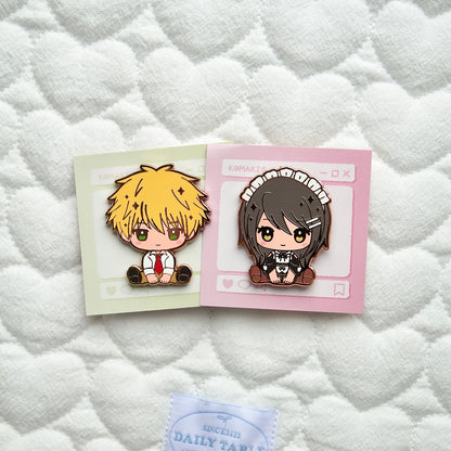 Misaki and Usui enamel pins from Maid-sama!, drawn in chibi style