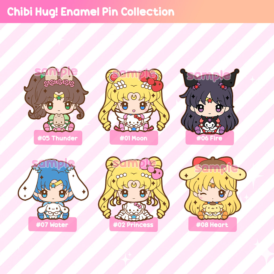 Moonie Series x Sanrio Chibi Hug Enamel Pins – Moon, Inner Scouts & Serenity