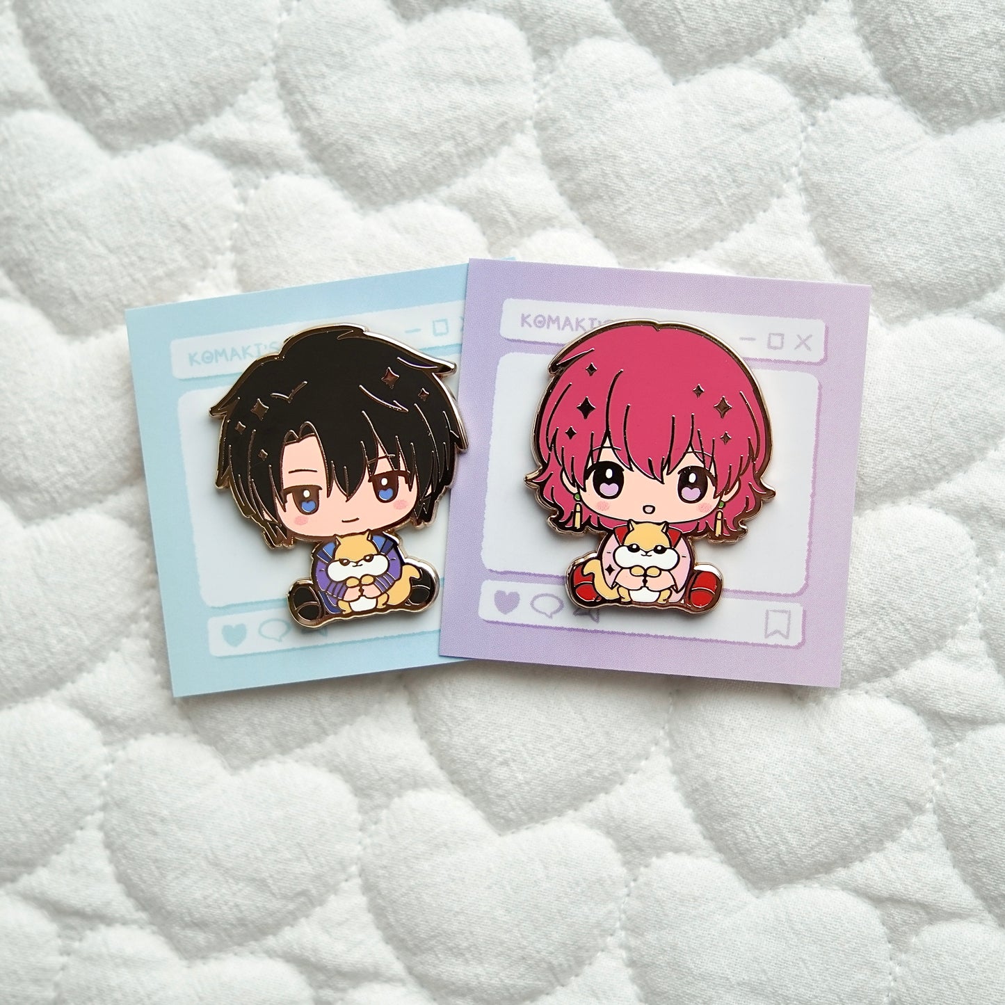 Yona and Hak enamel pins from Yona of the Dawn, drawn in chibi style with squirrel mascots